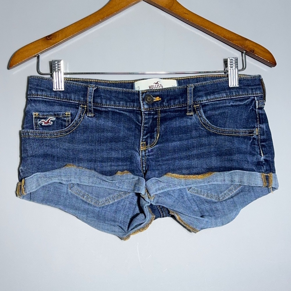Hollister Low Rise Micro Mini Denim‎ Booty Shorts Womens Size 3 Cuffed Blue Y2K